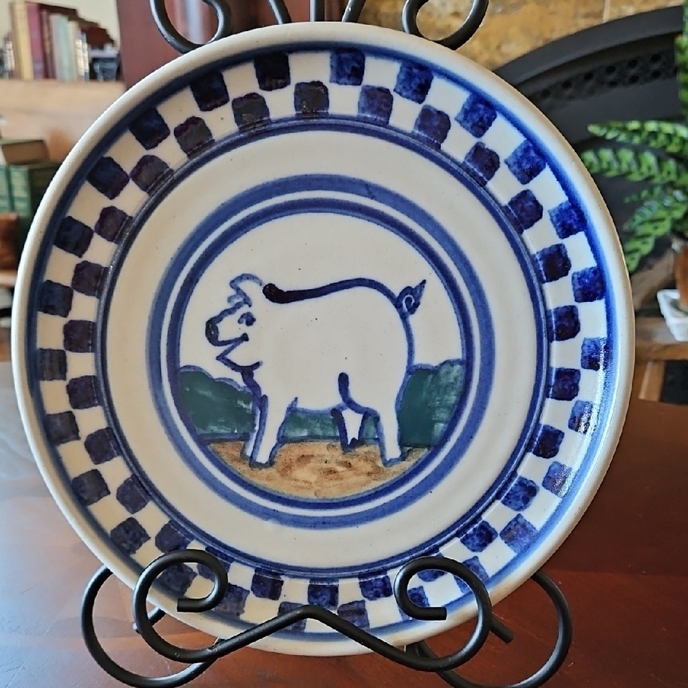 Debbie Dean Studio Pottery Pig Plate Blue Checkerboard Farmhouse Folk Art